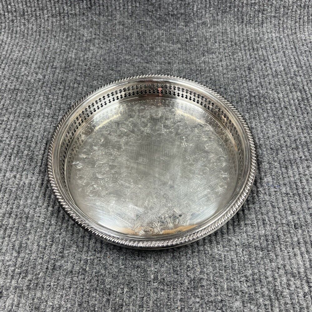 VTG Newport Silverplate YB165‎ Round 10” Serving Tray Floral Etched Pierced Edge